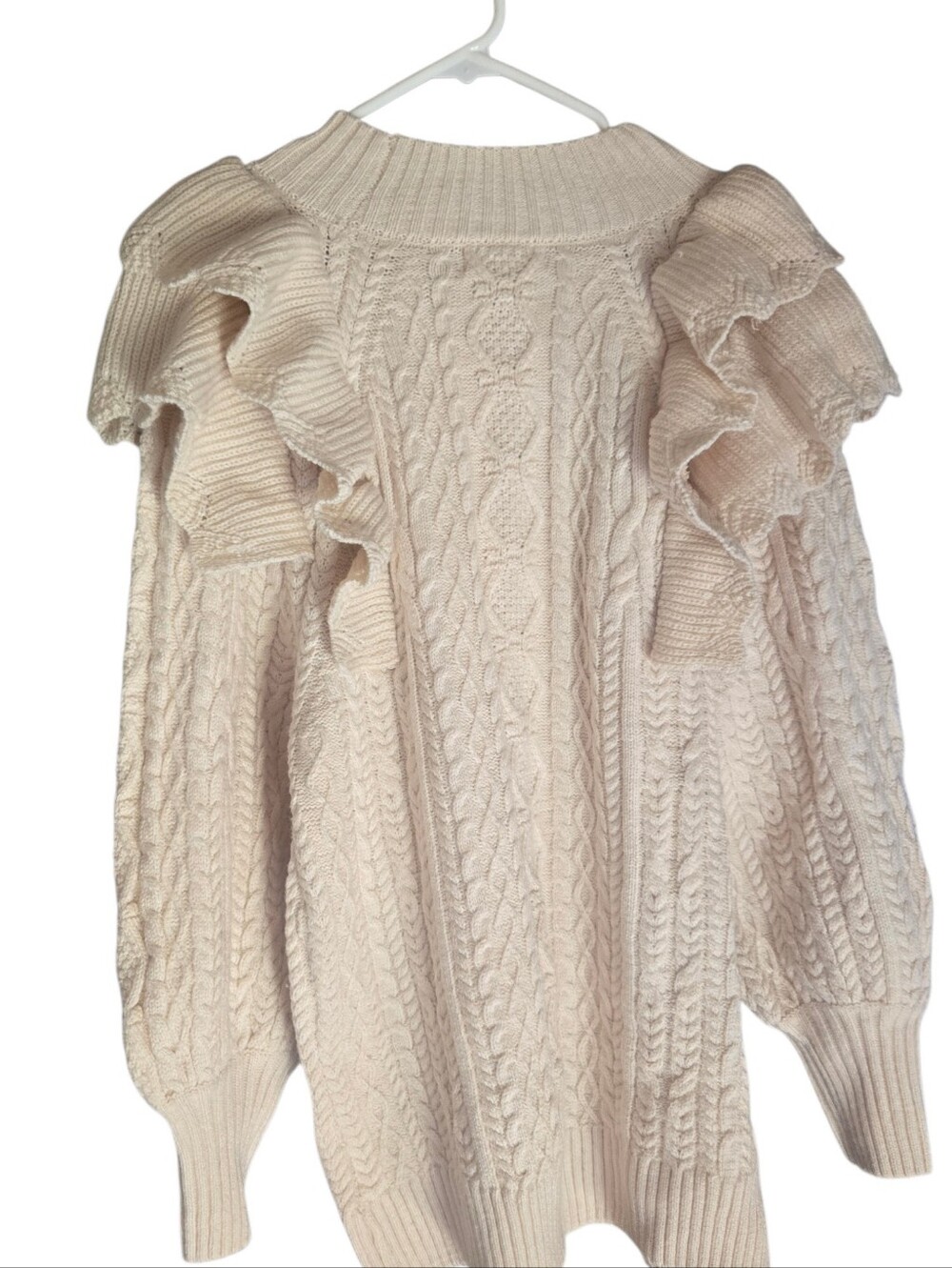 Listicle Ivory Ruffle Cable-Knit Sweater